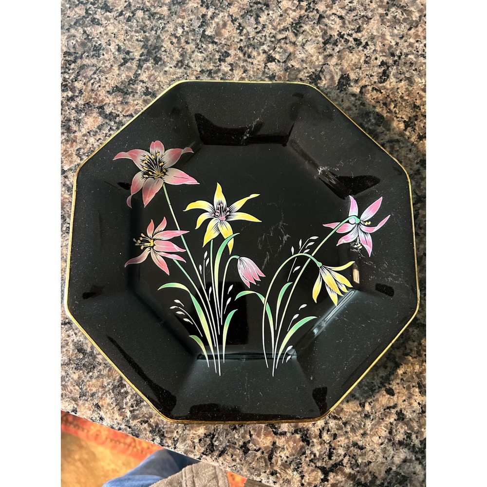 Seizan Fine China Bowl Zen Pattern Black Gold Trim Flowers Replacement 7.375 in